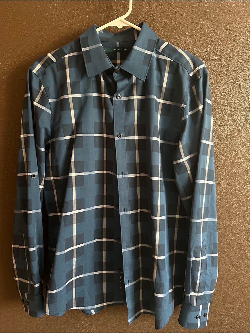 Perry Ellis Blue and White Windowpane Plaid Dress Shirt